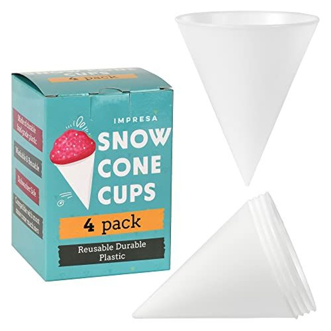 IMPRESA Reusable Plastic Snow Cone Cups - 4-Pack, 6oz, White - Compatible with Cuisinart Snow Cone Machine, Slushie & Shaved Ice Machine